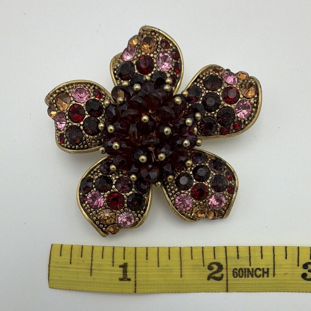 Gold Tone Pink & Red Rhinestone Flower Brooch Pin - Picture 4 of 4